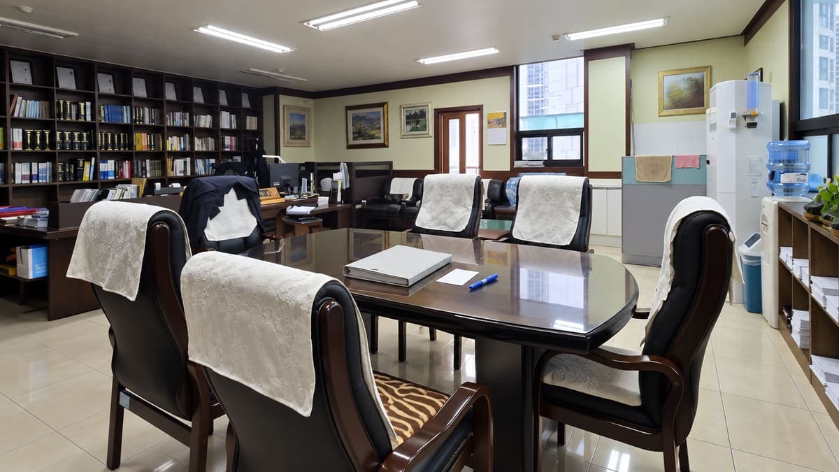 재산명시기일 준비를 표현한 상담탁자의 회색 서류철과 빈 카드, 펜, 실사 기반 편집 이미지